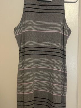 Sleeveless Gray Striped Dress with Pink Accents